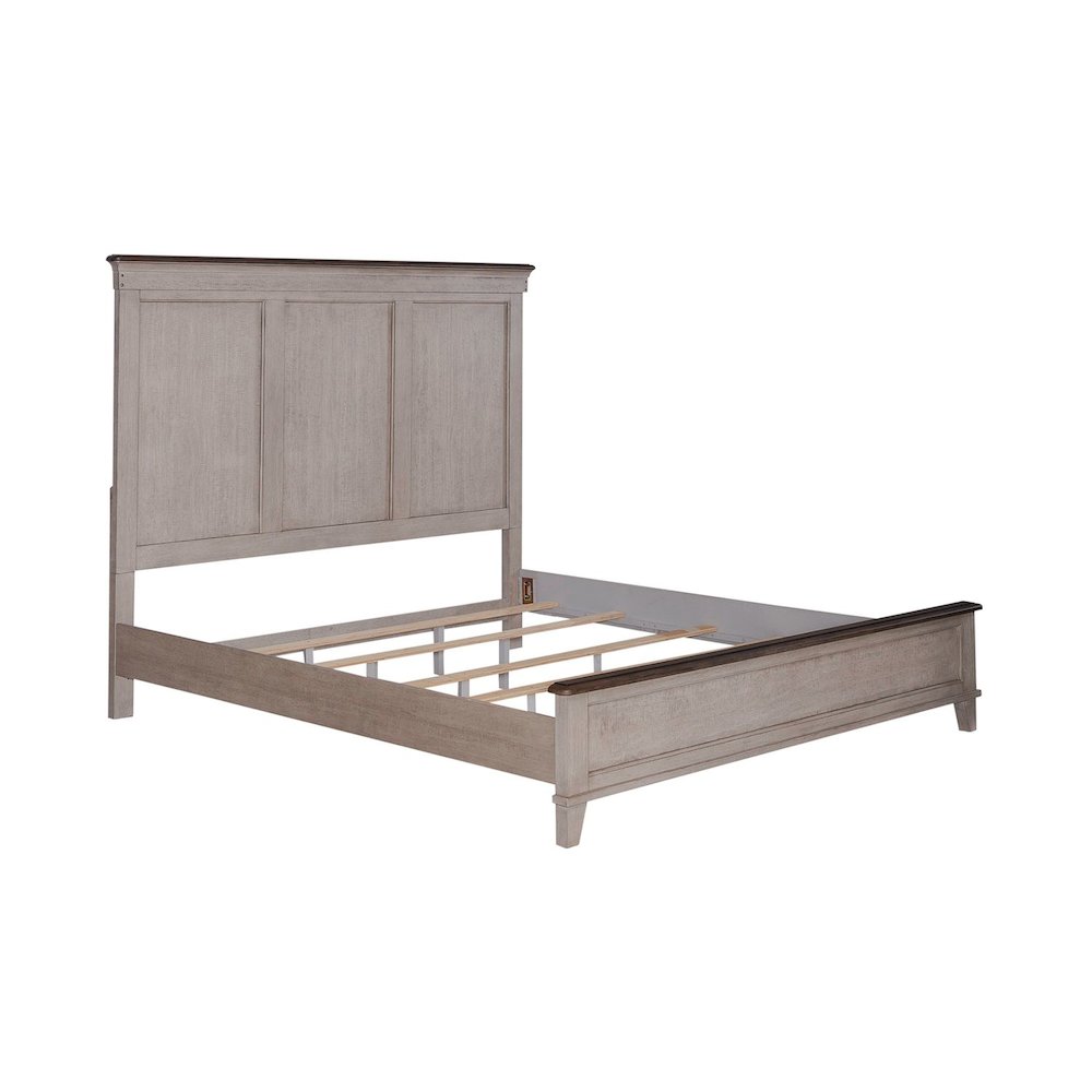 Ivy Hollow King Panel Bed in Weathered Linen Finish w/ Dusty Taupe Tops. Picture 1