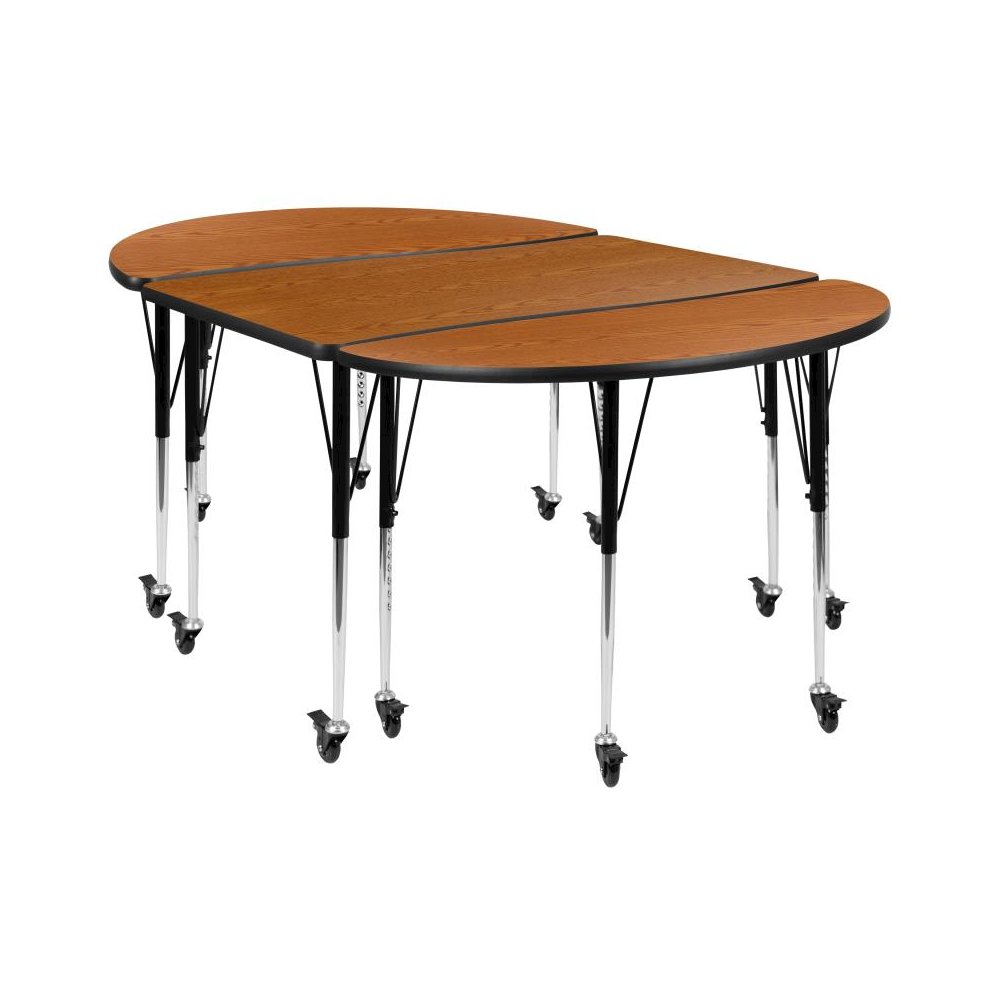 3 Piece Mobile 76" Oval Wave Flexible Oak Thermal Laminate Activity Table Set-Standard Height Adjustable Legs. Picture 1