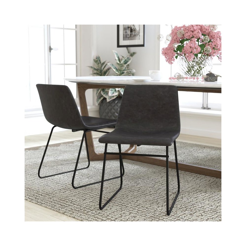 18 inch Dining Table Height Chair, Mid-Back Sled Base Dining Chair in Dark Gray LeatherSoft with Black Frame, Set of 2. Picture 2