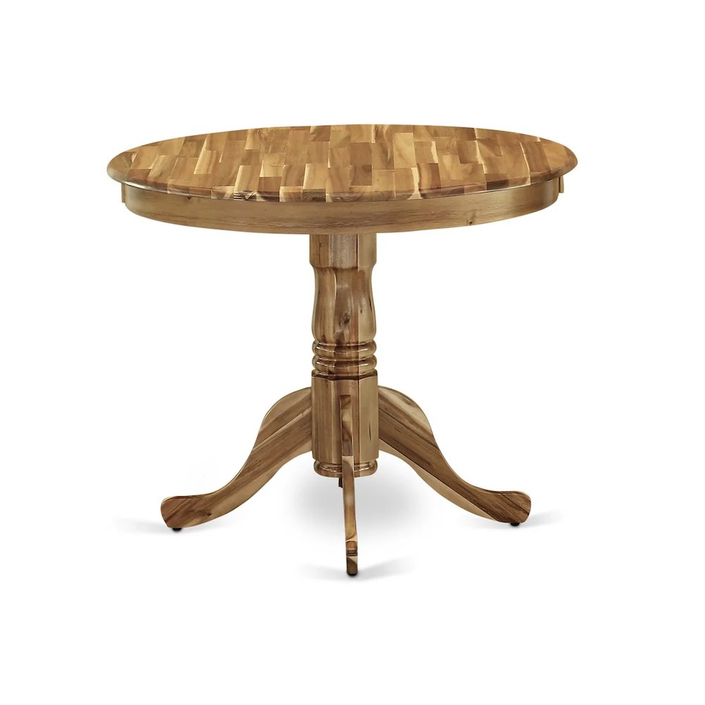 3 Piece Kitchen Table Set Contains a Round Dining Room Table with Pedestal and 2 Light Tan Linen Fabric Upholstered Chairs, 36x36 Inch, Natural. Picture 3