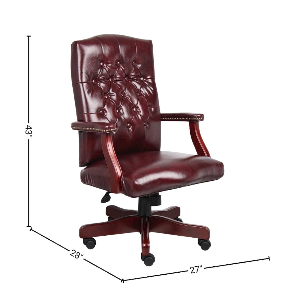 Tufted Executive Desk Chair in Burgundy Faux Leather With Mahogany Base. Picture 8
