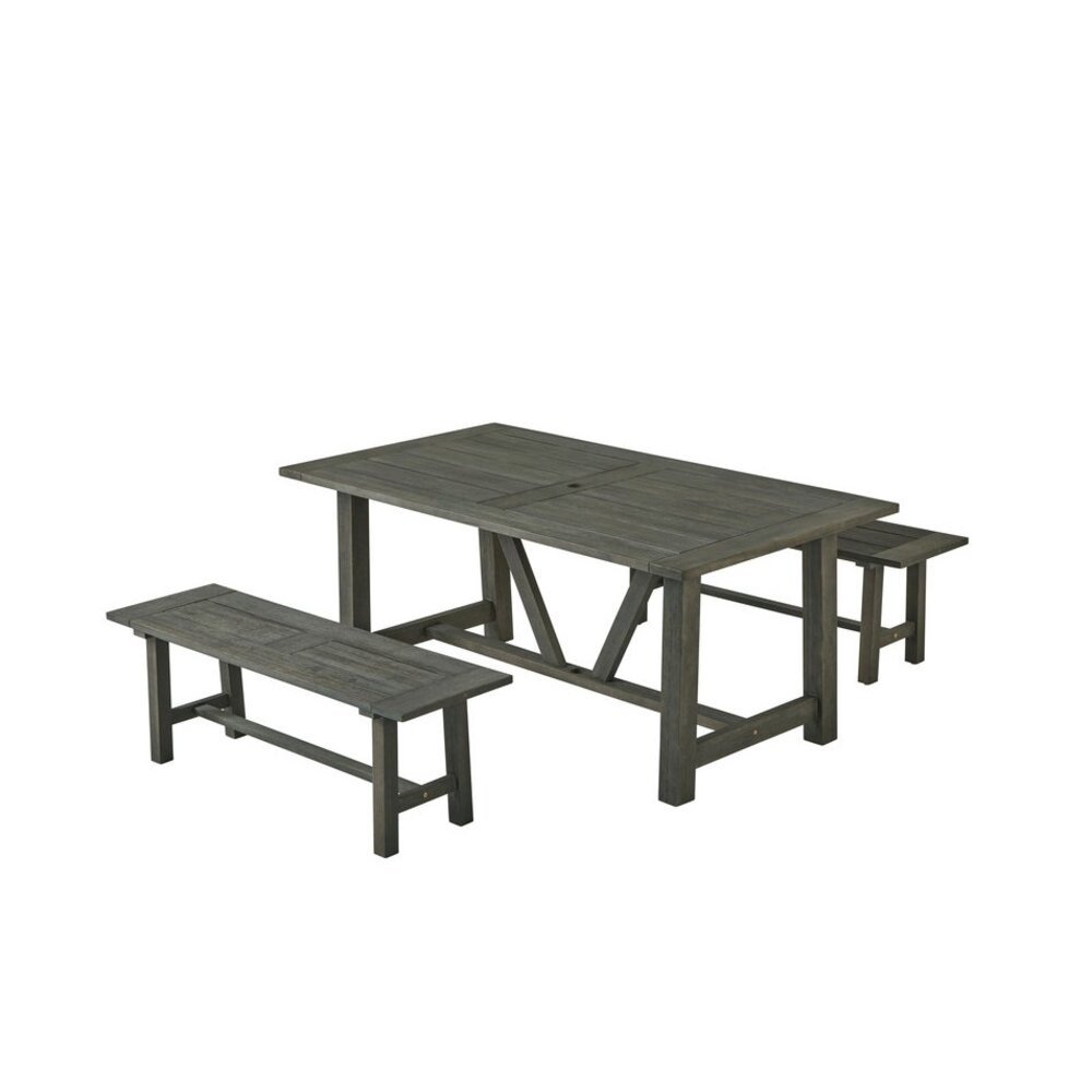 Rustic Gray Outdoor Dining Set - Acacia Wooden Table with 2 Wood Benches. Picture 1