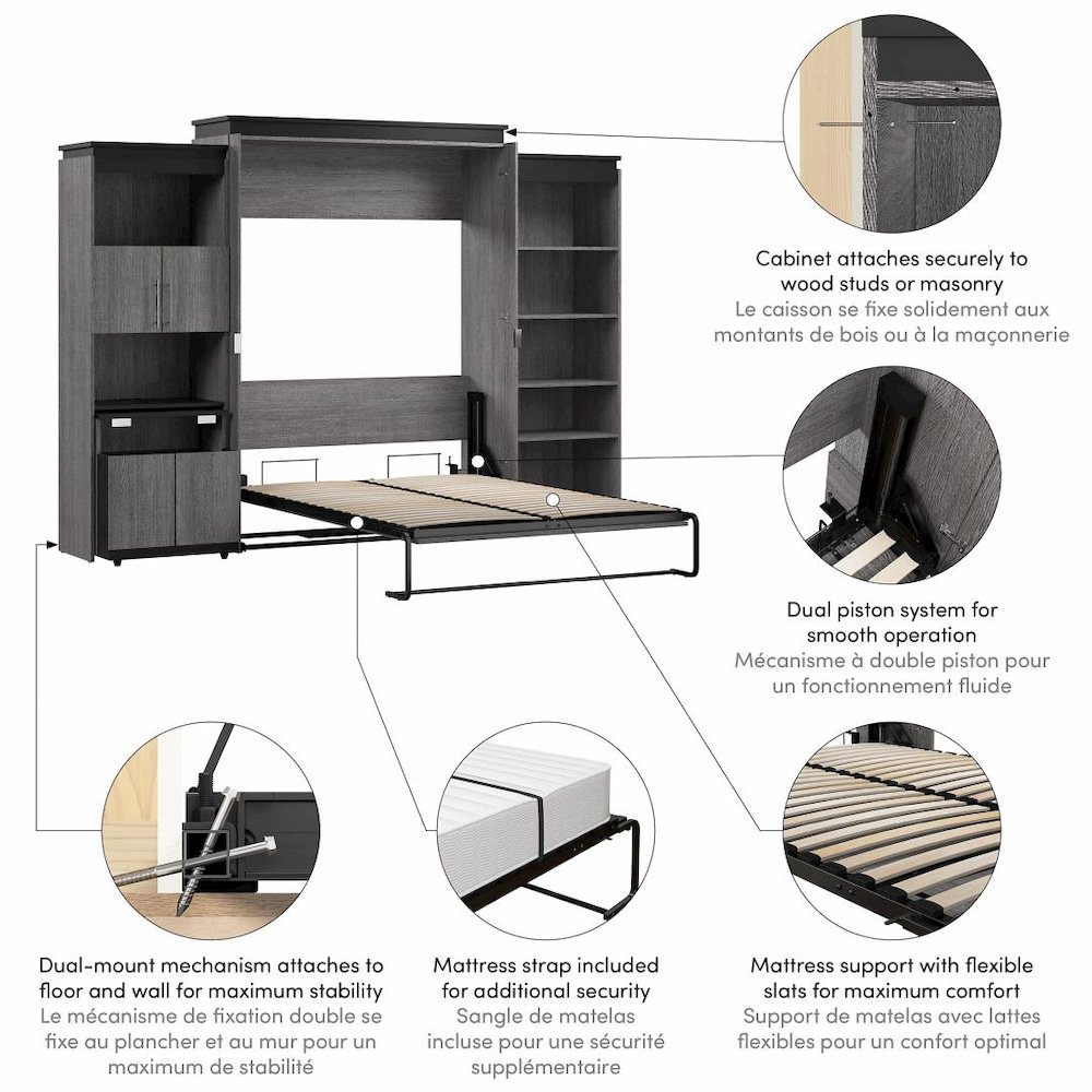 Queen Murphy Bed with Shelves and Storage Cabinet with Fold-Out Desk (126W). Picture 13