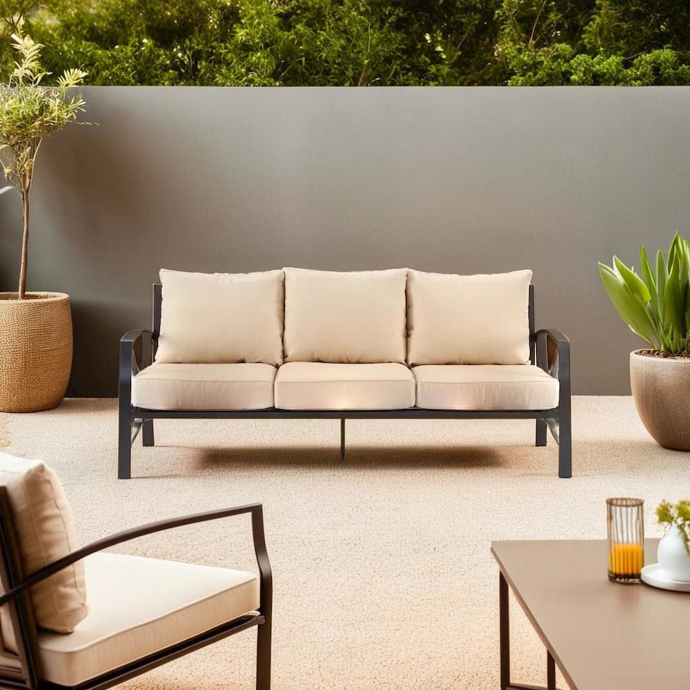 Stylish Outdoor Metal Sofa in Oatmeal and Oil Rubbed Bronze Finish. Picture 6