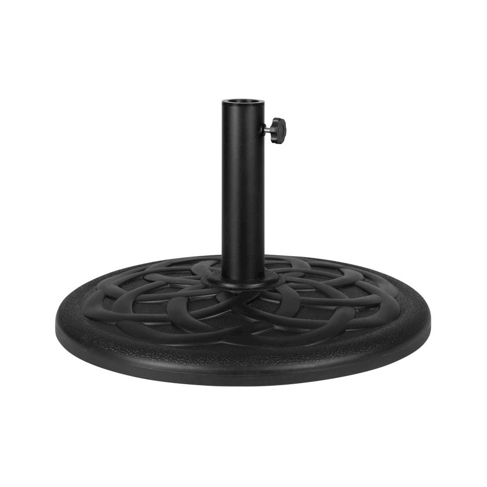 Universal Black Cement Patio Umbrella Base with Weatherproof Plastic Polymer Coating - 19.25" Diameter. Picture 1