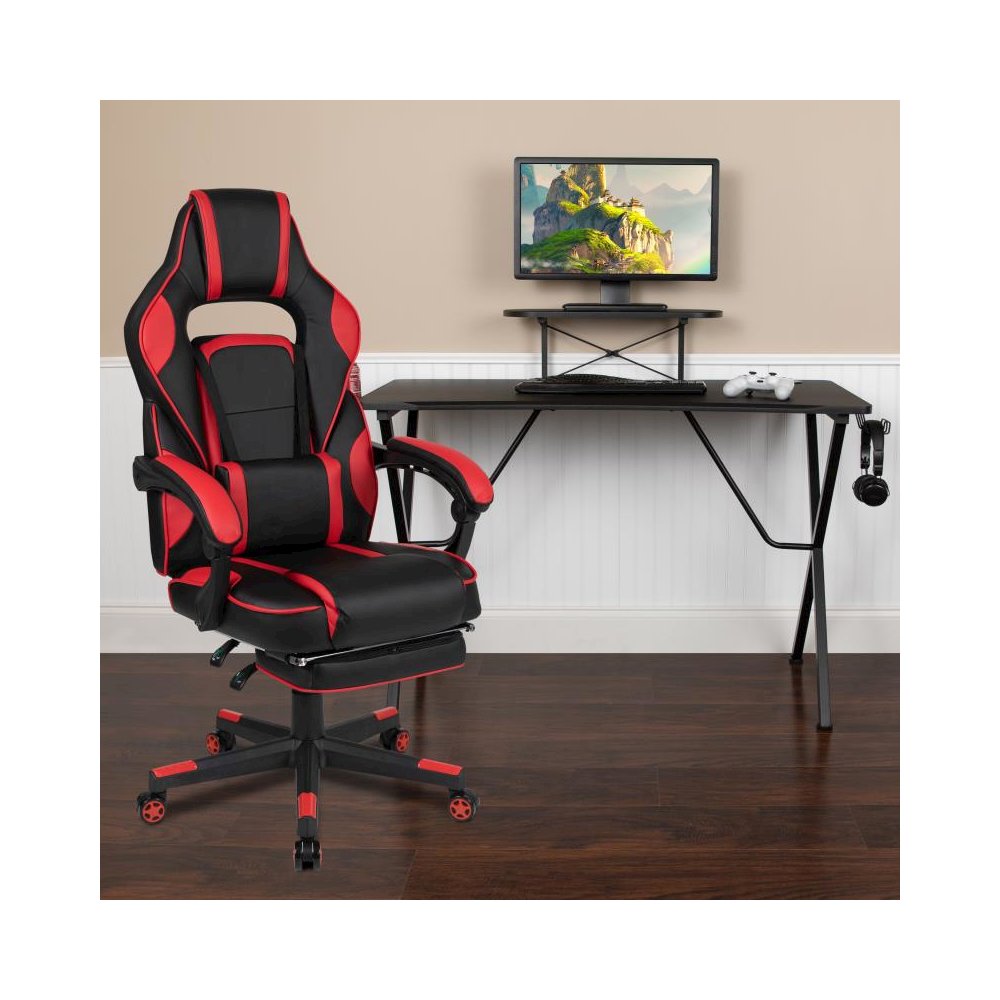 Black Gaming Desk with Cup Holder/Headphone Hook/Monitor Stand & Red Reclining Back/Arms Gaming Chair with Footrest. Picture 2