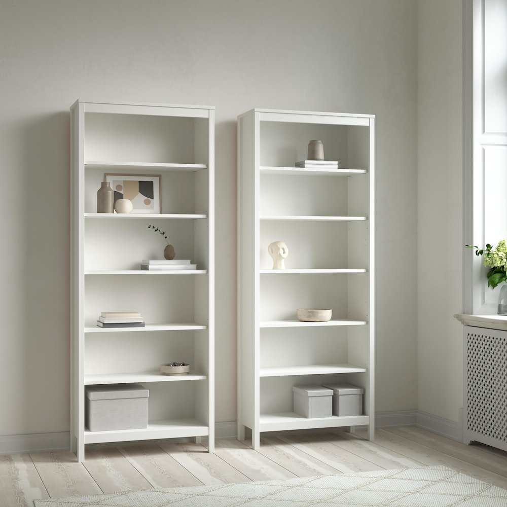 Madrid 2-Piece Tall Bookcase Set for Full Wall Storage, White. Picture 2