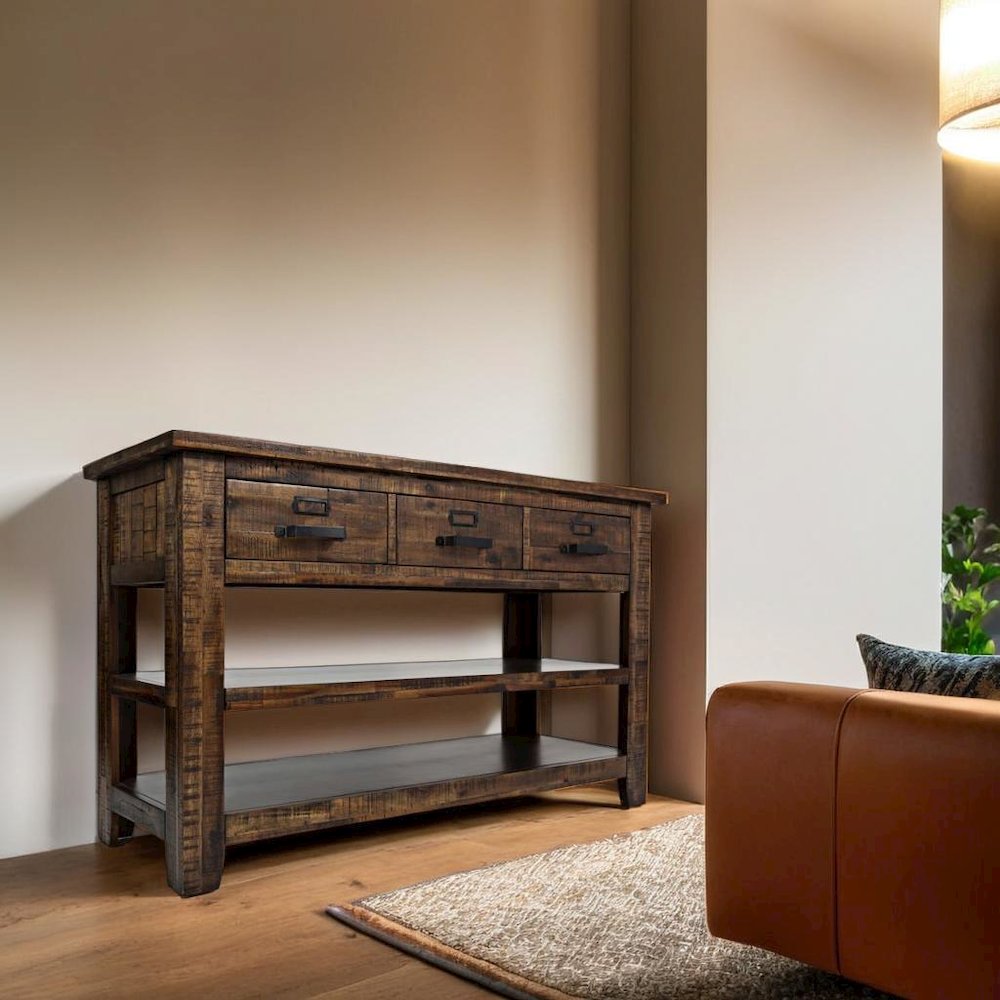 50-Inch Gray Sofa Table with Distressed Industrial Design, Acacia Construction. Picture 4