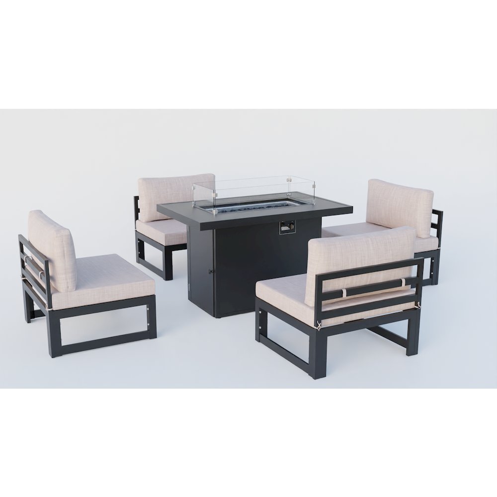 LeisureMod Chelsea 5-Piece Middle Patio Chairs and Fire Pit Table Set With Cushions, Beige. Picture 6