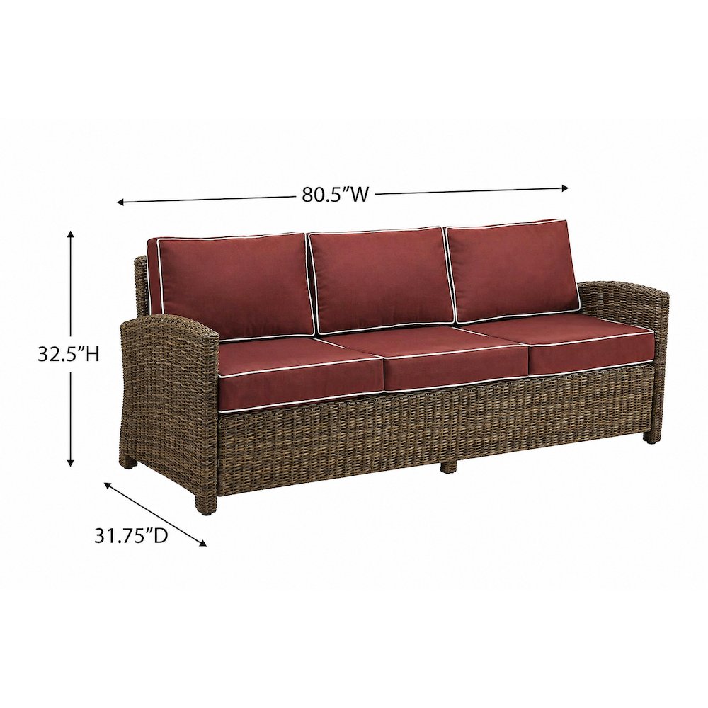 Weathered Brown Wicker Outdoor Sofa Set with Sangria Cushions. Picture 4