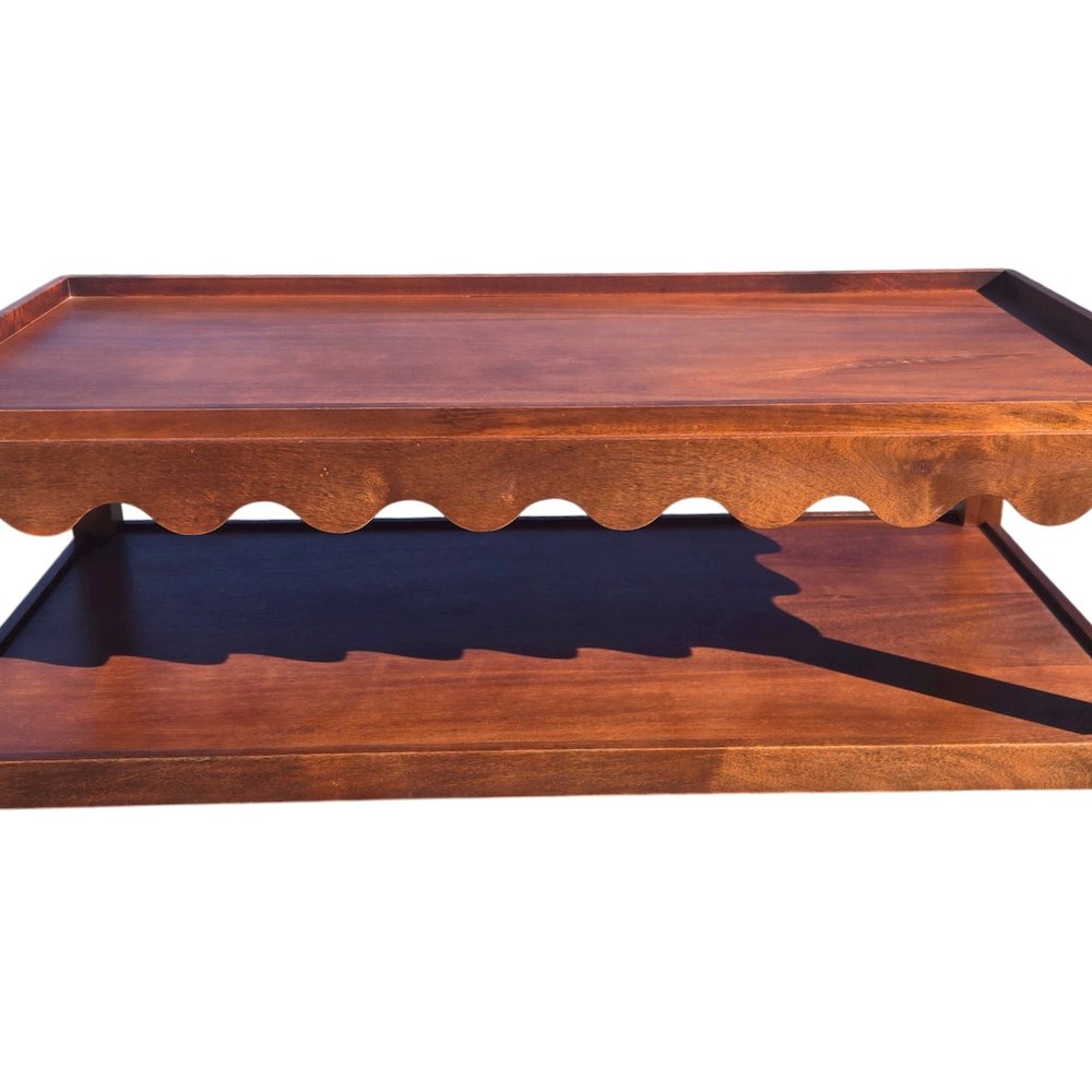 Scallop Coffee Table - Rectangular Mango Wood Side Table - Lower Shelf. Picture 9