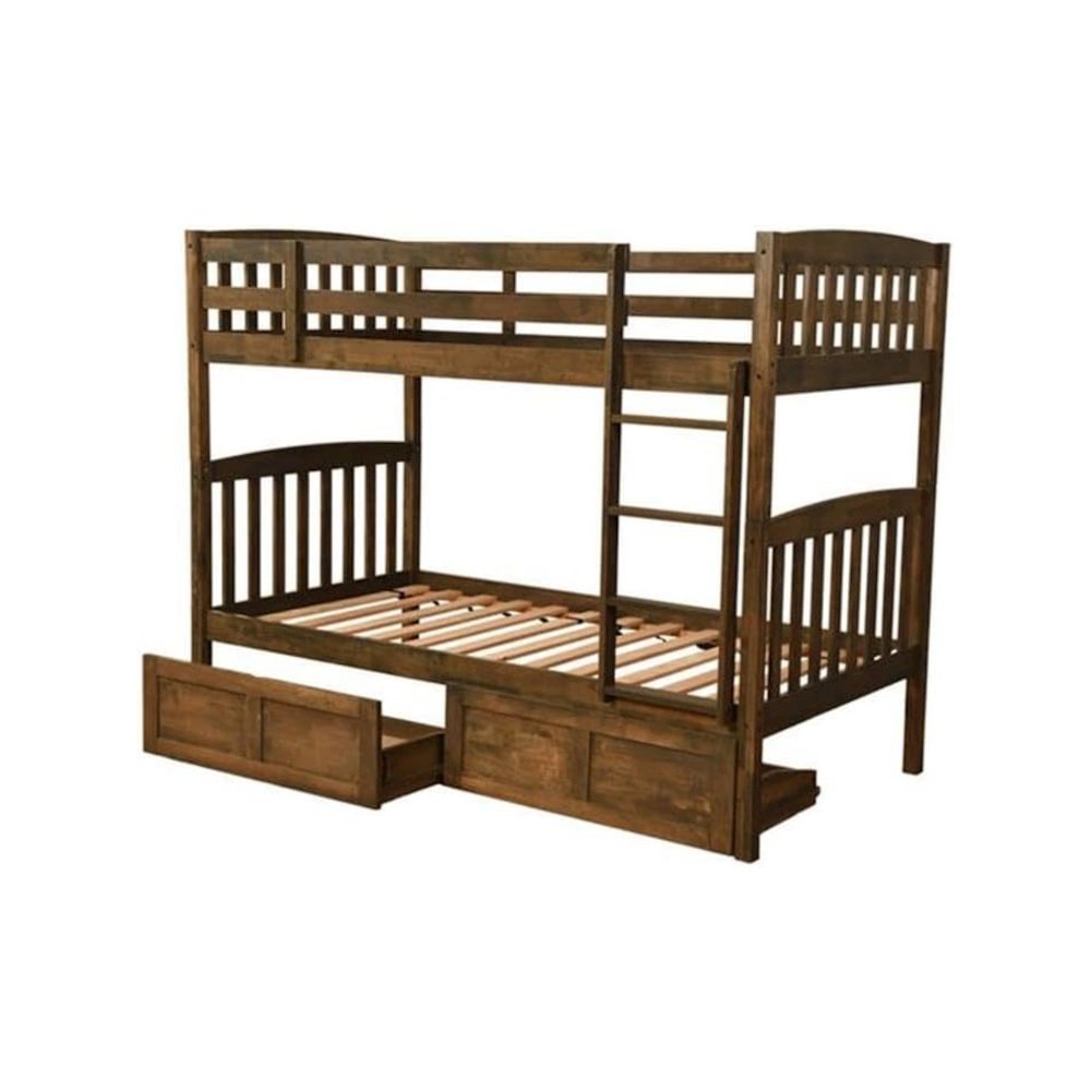 Claire Twin Wood Bunk Bed with Storage in Brown-Mattresses Not Included. Picture 1