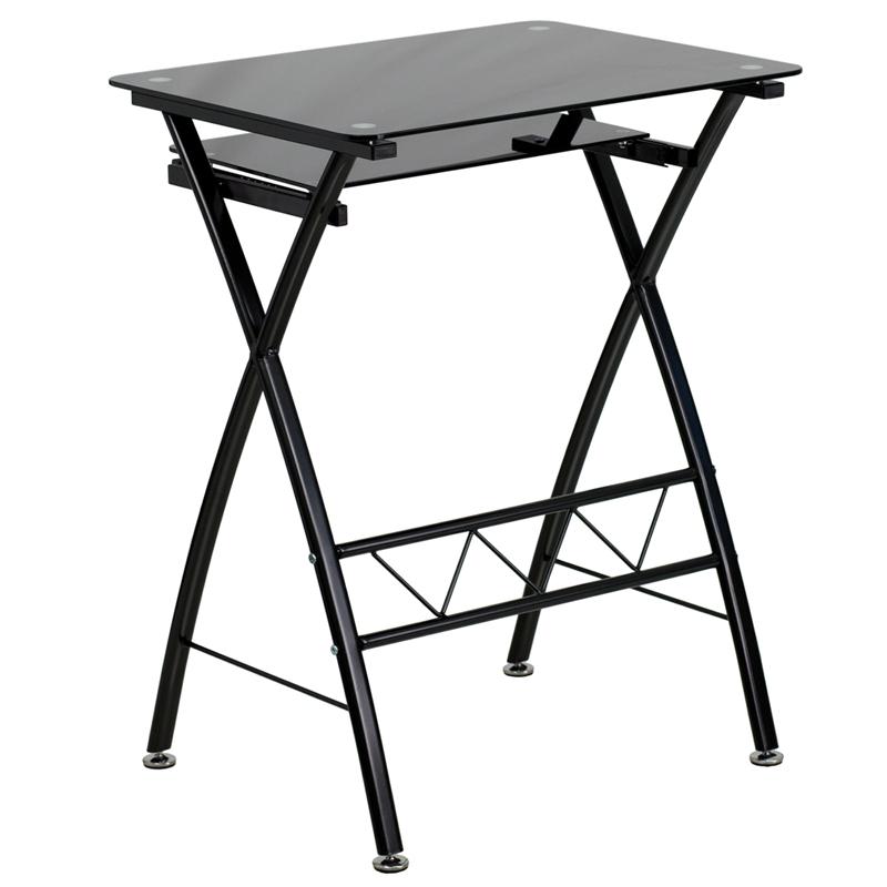 Black Tempered Glass Computer Desk with Pull-Out Keyboard Tray. Picture 2