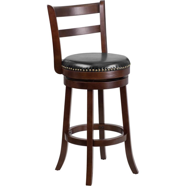 30'' High Cappuccino Wood Barstool with Single Slat and Black Swivel Seat. Picture 1