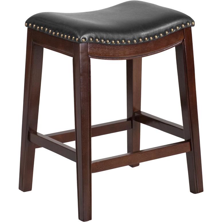 26'' High Backless Cappuccino Wood Counter Height Stool with Black Saddle Seat. Picture 1