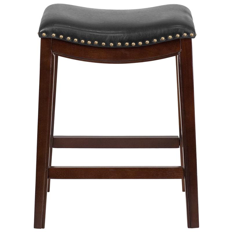 26'' High Backless Cappuccino Wood Counter Height Stool with Black Saddle Seat. Picture 3